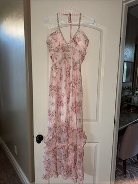 Pink Floral Halter Maxi Dress with Beaded Trim
